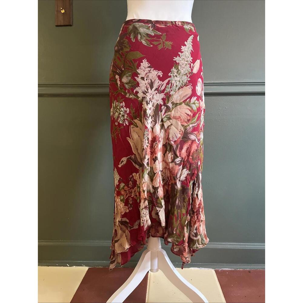 VTG Paradise NY Handkerchief Hem Midi Skirt M Beaded Floral SATC 90s Fairycore